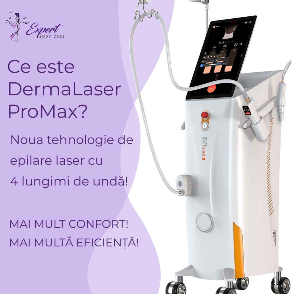 Imaginea unui dispozitiv Laser Derma Pro Max cu ecran digital și aplicatoare, prezentând tehnologia inovatoare de îndepărtare a părului cu laser pentru confort și eficiență sporite. Amplasat pe un fundal violet cu logo-uri de marcă, acest aparat epilare definitivă laser redefinește soluțiile pentru piele netedă.