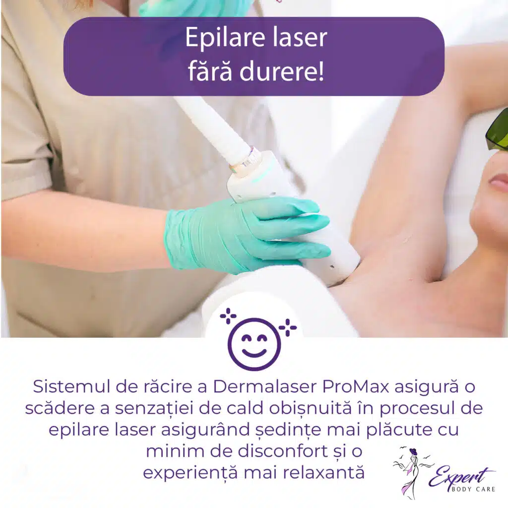 O persoană care urmează un tratament epilare cu laser axila cu sistemul avansat Laser Derma Pro Max, cu sistem de răcire,